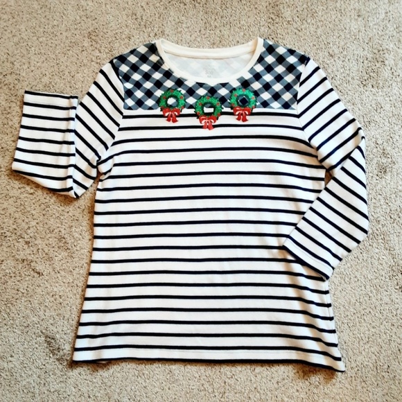 Kim Rogers Christmas Top 3/4 Sleeve Blue White Sz P/S Sparkly Green Wreaths - Picture 10 of 10